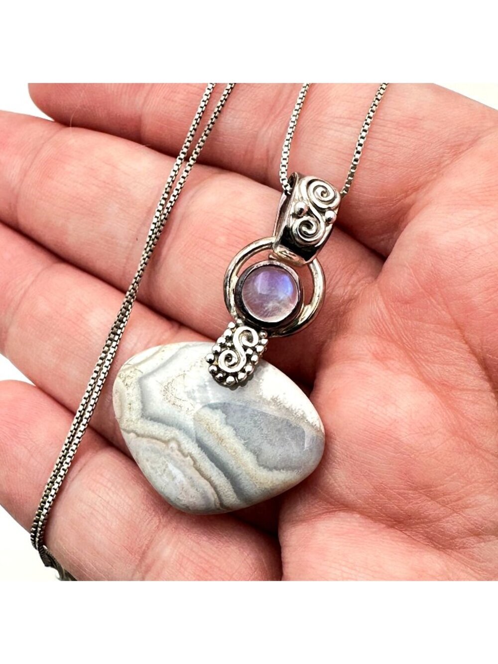 SAJEN Womens Necklace Blue Striped Gemstone Moonstone Sterling Silver Pendant
